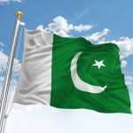 Waving Pakistani flag against cloudy sky. High resolution 3D render.